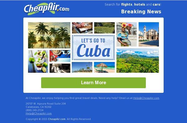 Homepage of CheapAir promoting Cuba