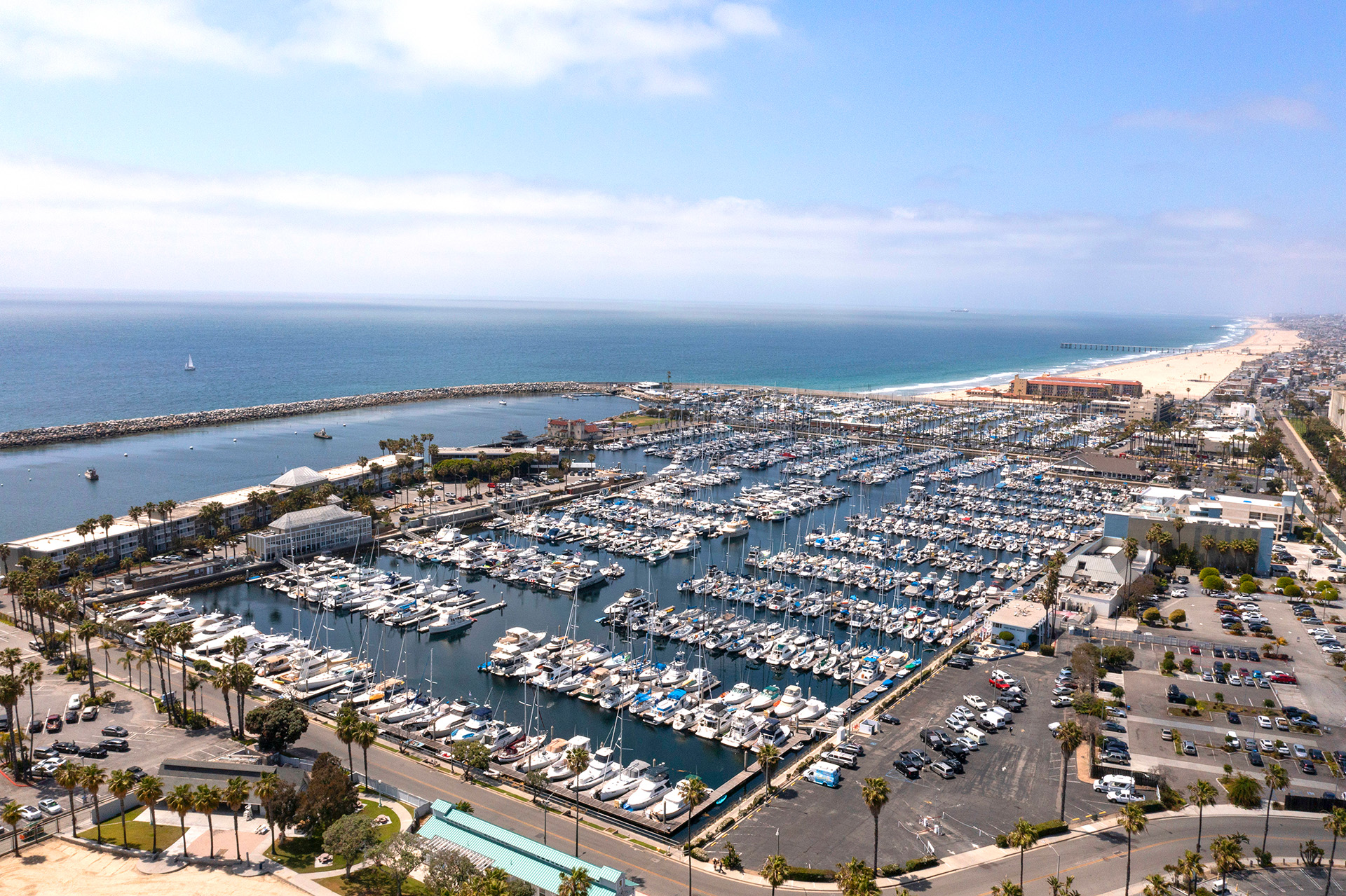 Drone shot of Hotel Portofino in Redondo Beach