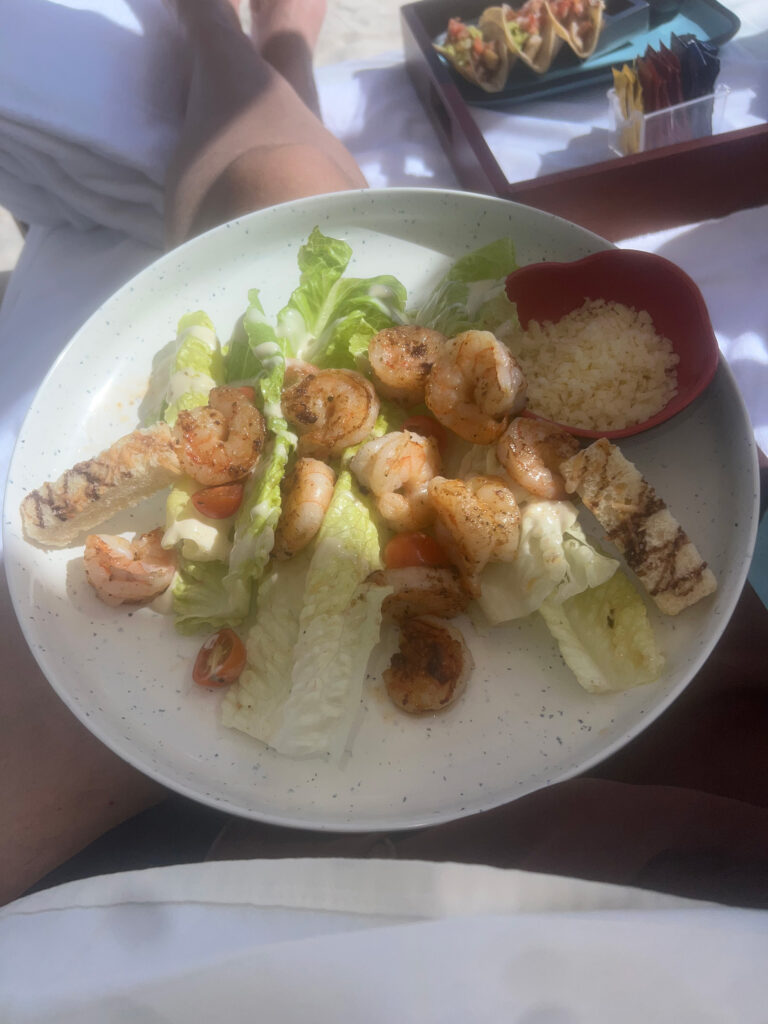 Grilled Shrimp platter on the Grand Velas Beach