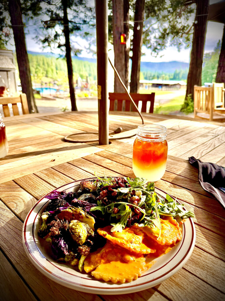 Chuckhouse Patio view of Sierra Mountains with Mushroom Ravioli, Arugula Sala; Brussels Sprouts and a Arnold Palmer.