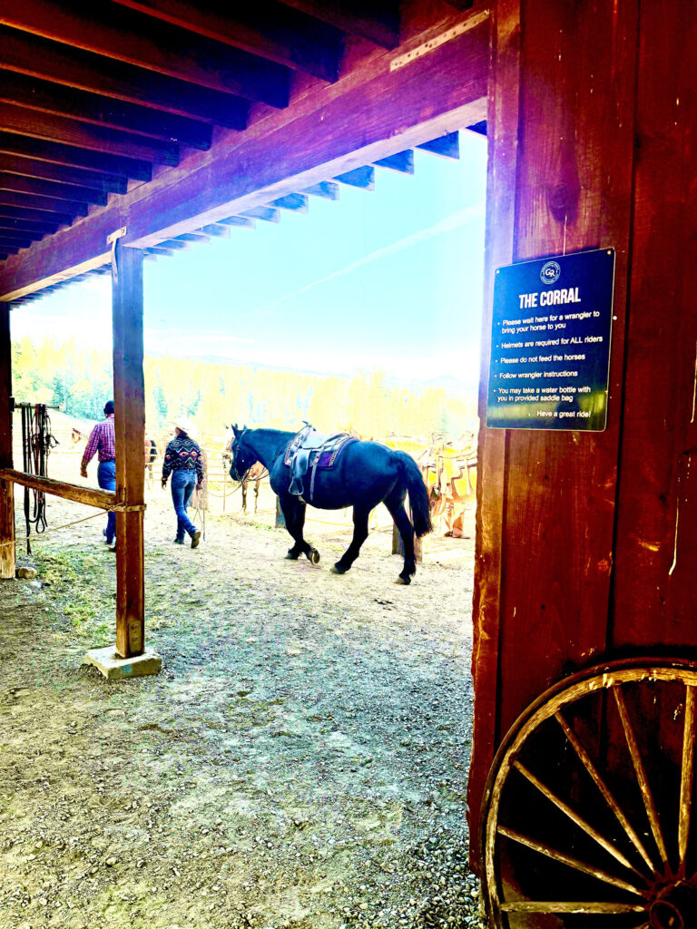 Horse outside the Corral with two ranchhands