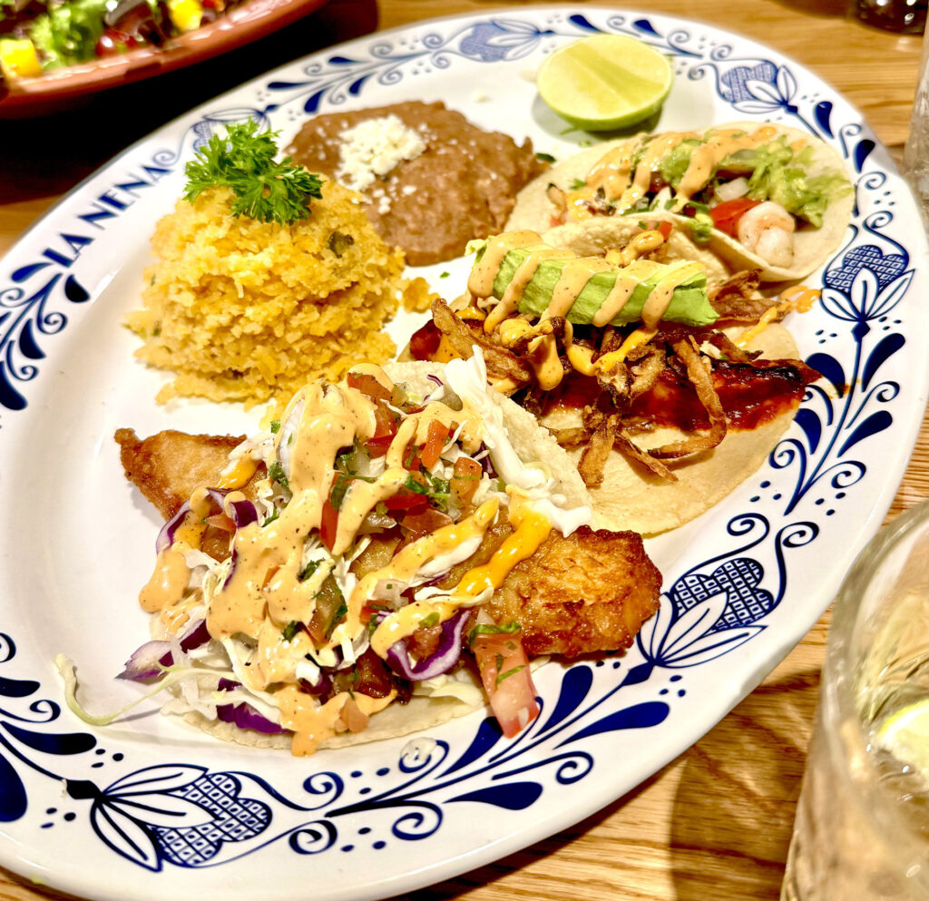 Fish Tacos plate with rice and beans