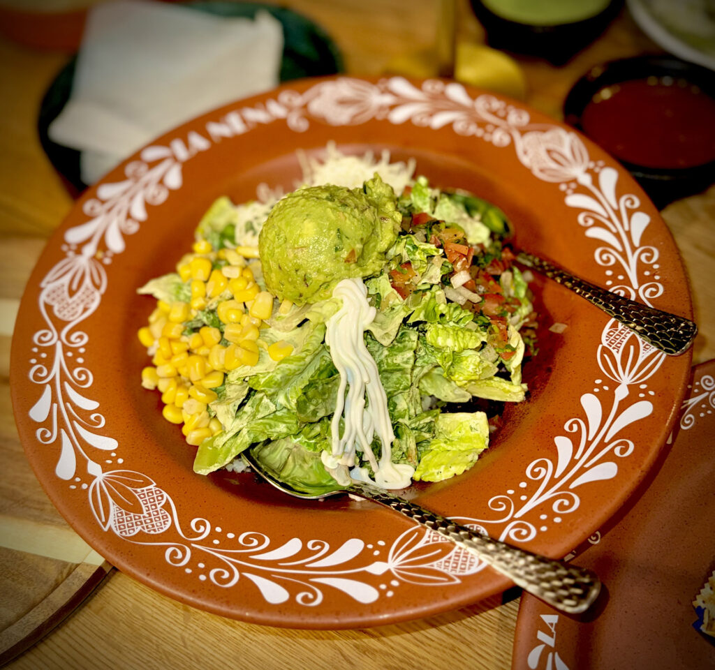Healthy Bowl with lettuce, corn and guacamole